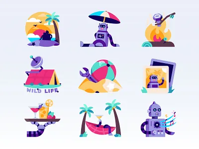 Vacationing robots (stickers for Snapchat) beach camp coctail drinks fire icons illustration music palm robot snapchat sticker stickers summer tent vacation