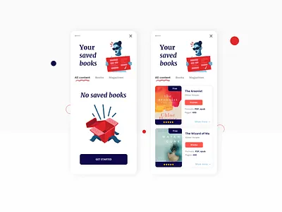 Saved items app books design favorites illustration list mobile new saved sidebar ui ux web