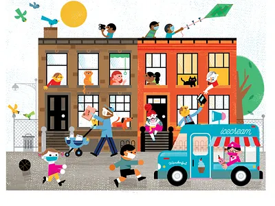life in quarentine animals bird children cityscape cute happy icecream illustration kids kite neighborhood neighbors quarentine sun texture