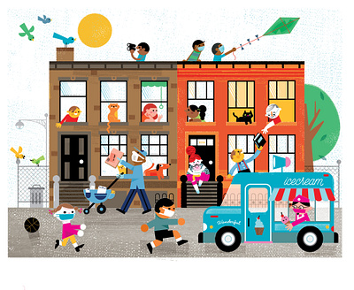 life in quarentine animals bird children cityscape cute happy icecream illustration kids kite neighborhood neighbors quarentine sun texture