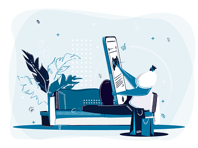 Flat Design Illustration - Man shopping from his smartphone blue and white couch creative design design digital marketing e commerce design eshop flat design flat illustration illustration illustrator man mobile app mobile app design mobile ui modern plant retro shopping smartphone