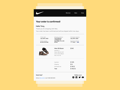 Daily UI Challenge. Day 017/100 confirmation daily 100 challenge dailyui design email email receipt email template figma grid layout nike nike shoes order confirmation purchase receipt shoes shopping