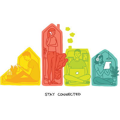 Stay Connected colorful coronavirus covid 19 doodle drawing handdrawn house illustration social distancing vector