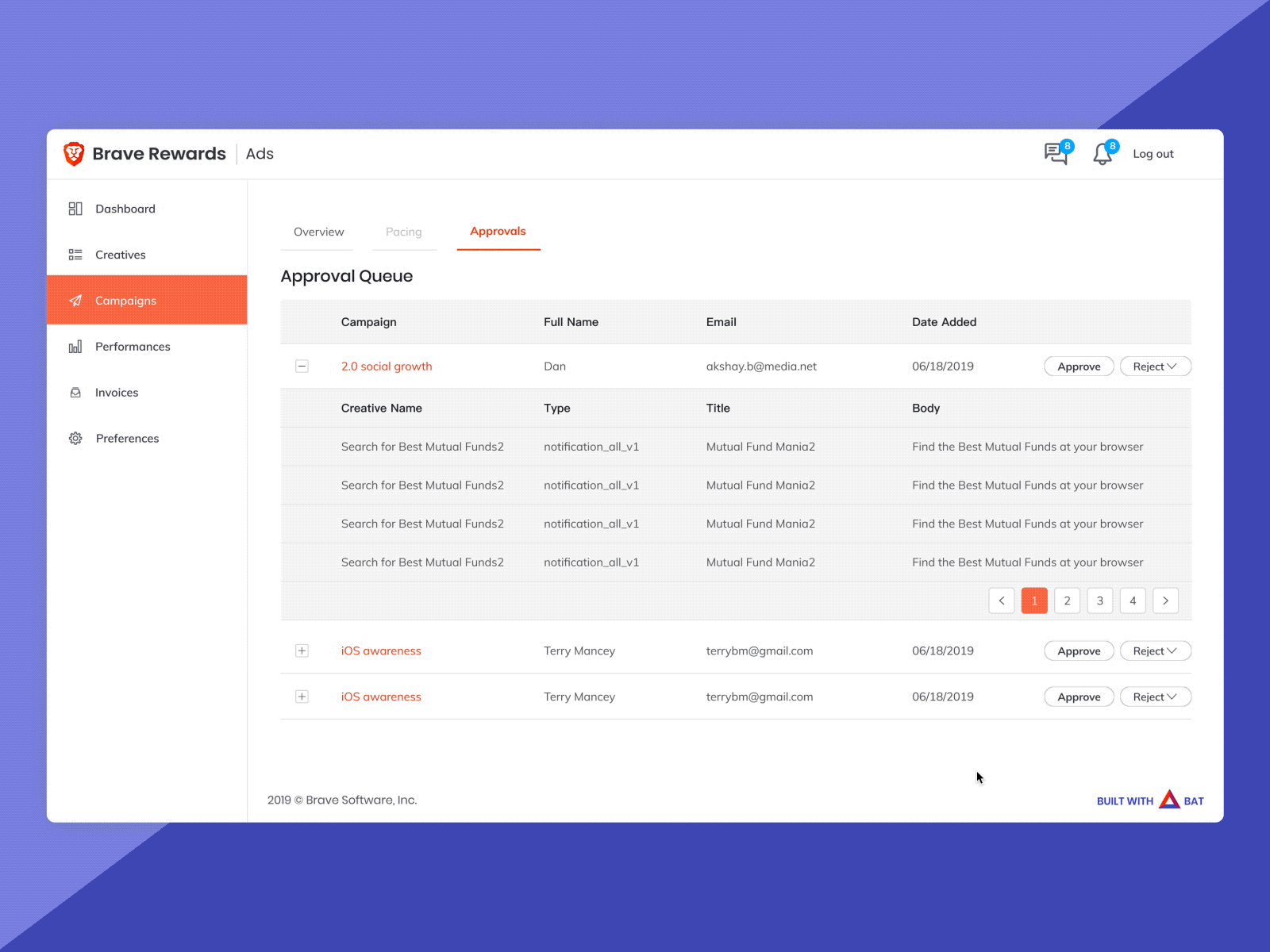 Brave Advertisers admin approval queue account management admin panel approval dashboard figma interaction design product design prototype rapid prototyping table design ui design ux design visual design