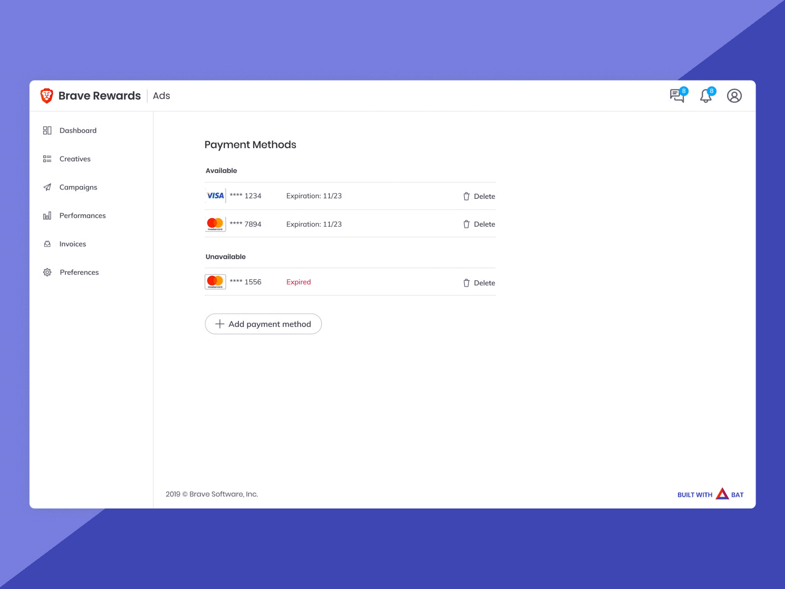 Brave Advertisers account menu account management admin dashboard figma interaction design product design prototype rapid prototyping ui design ux design visual design