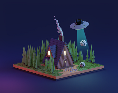 Cow in the forest 3d 3dart 3dillustration art cow day daytime forest home house hut illustration night nighttime spruce tree ufo