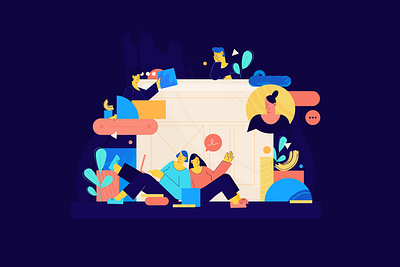 Teamwork 2d character chat digital flat illustration linear teamwork ui webdesign website work