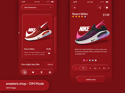 sneakers shop - DIM Mode app creative design dim mode neomorphism nike nike shop red design shoes sneakers shop trend design ui design