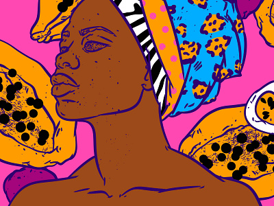 African impression black woman bohemian bright colors color palette digital illustration face female illustration festival fruits illustration papaya pattern art pink pop pop art rainbow summer women in illustration yellow