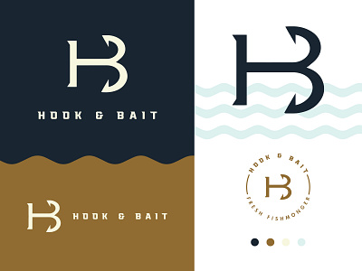 Hook and Bait - Fresh Fishmonger Logo b bait brand brand identity fish fisherman fishmonger fresh h hb hook lettermark logo logo design minimal monogram nautical restaurant typography wordmark