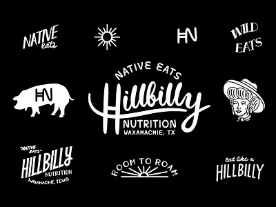 Hillbilly Nutrition Logo Sheet branding design drawing farm hand drawn hillbilly illustration logo texas text type vector western