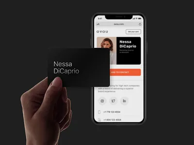 OVOU Smart Business Card with hand and mobile black branding branding design card design hand logo minimal minimalist minimalist design mobile mobile app design mobile ui profile card profile page responsive ui website