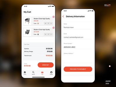 Cart & delivery information screen adobe xd app app design clean color ecommerce elegant furniture minimal product design shop ui ux