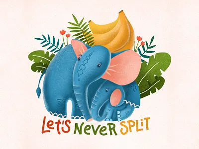 Children's print Mother elephant with baby in banana jungle. baby banana characters child elephant hand drawn healthy food illustration procreate texture textured