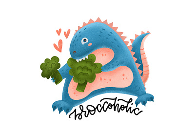 Children's print - Dino eats broccoli baby book broccoli characters child childhood dino dinosaurs healthy food illustration love procreate texture