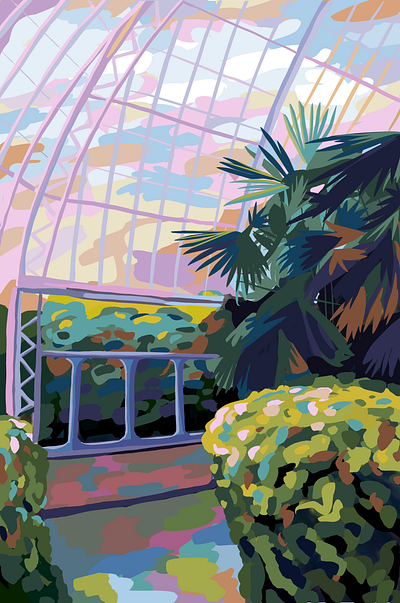 Sunrise abstract art botanical garden botany colorful art colorful sky conservatory greenhouse illustration inspiration landscapes palm leaves palm tree pastel colors pastels pink pink hair plants sky sun colors sunrise