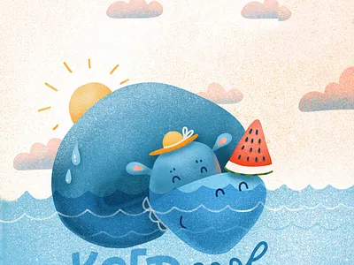 Children's print - Hippo cooled by watermelon characters child hand drawn hippo hot illustration keep cool lettering procreate summer texture textured water watermelon