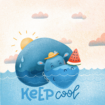 Children's print - Hippo cooled by watermelon characters child hand drawn hippo hot illustration keep cool lettering procreate summer texture textured water watermelon