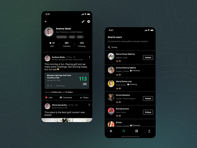 Holeswing - Profile and Follow Page (Dark Mode) android app dark mode design follow friends game green ios minimal mobile mobile app profile social profile ui ui kit ux