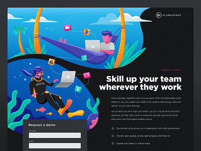 Skill up wherever you work computer dev development diver diving hammock illustration laptop learning man palm plants remote scuba team tech technology trees tropical woman