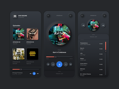 OVO Sound Radio Redesign app dark mode dark theme dark ui drake interaction design ios ios app motion music music app music player neumorph neumorphic neumorphic design neumorphism playlist ui kit user experience user interface