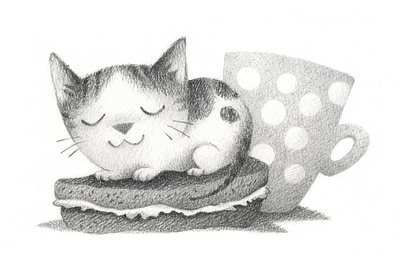 Little Tuna black and white coffee graphite illustration illustration kitten pencils pet portrait sandwich texture