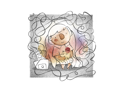 You untangle my thoughts! black and white digital color graphism graphite illustration illustration kitten pencils radio texture watercolors