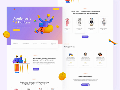 Auction Landing Page Exploration 3d illustration 3d website animation auction auctions blue bootstrap clean company profile footer header landingpage simple site startup testimonials transition trend ui design website