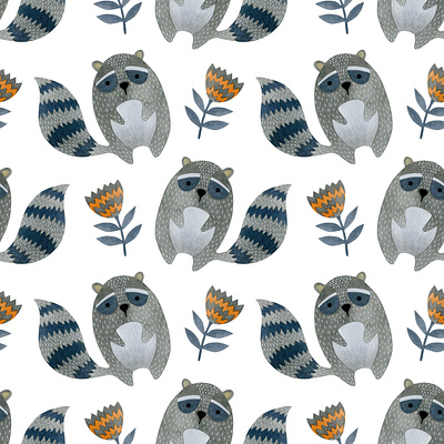 Seamless pattern design with raccoons art branding carroot design drawing folk graphicdesign illustration pattern a day pattern design patternart print scandinavian design scandinavian style watercolor