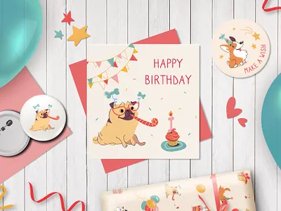 Postcard Pug at the party animals art birthday cartoon character cute dog illustration mascot party postcard postcard design vector