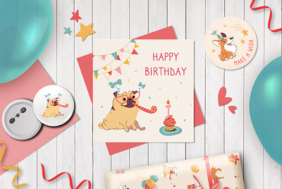 Postcard Pug at the party animals art birthday cartoon character cute dog illustration mascot party postcard postcard design vector
