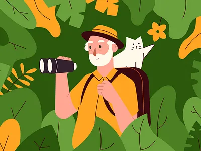 Midsummer Day 2d adventure backpack cat color explore fern flat flower forest grandpa illustration midsummer nature old man plants search stepdraw summer vector