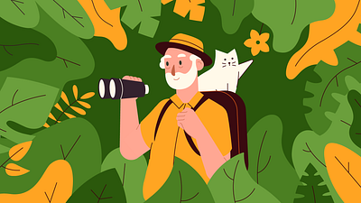 Midsummer Day 2d adventure backpack cat color explore fern flat flower forest grandpa illustration midsummer nature old man plants search stepdraw summer vector