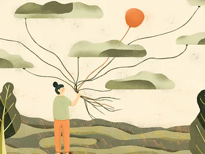 Sun or balloon balloon clouds color design green illustration nature people person scene yellow