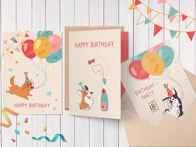 Dog birthday animals art birthday birthday card birthday party cartoon corgi cute design doggy husky labrador mascot vector