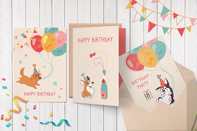 Dog birthday animals art birthday birthday card birthday party cartoon corgi cute design doggy husky labrador mascot vector