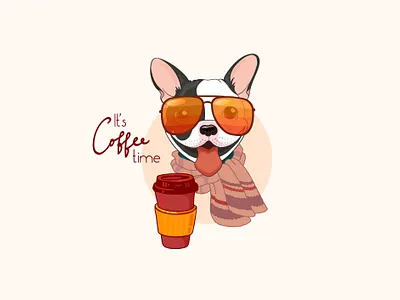 Coffee time animals art bulldog cartoon character coffee cup cute design dog french bulldog mascot vector