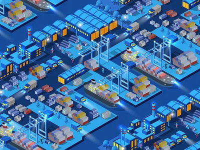 The night smart city 3D future neon ultraviolet 3d architecture building city crane isometric isometric design seaport vector