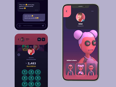 Winner - Social Gaming 3d app ui avatar characters chat dark app dark ui game game art game design game ui gif hero imoji messanger motion transfer ui