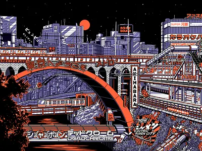 TOKYO BY NIGHT 1/2 city city illustration cityscape design graphic illustration japan japanese night paiheme paihemestudio retro retro design tokyo train vintage