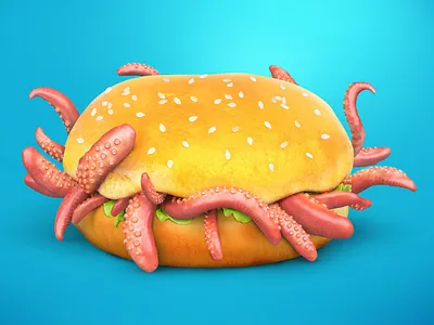 Octo burger 3d 3dsmax art burger cartoon colorful concept fastfood food monster octopus realistic render sea tentacles