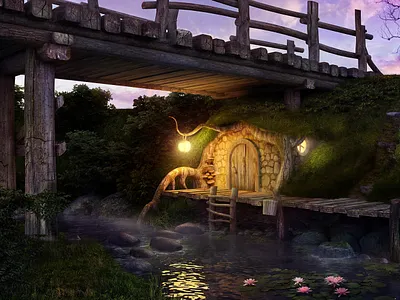 Home troll 3d 3dsmax art bridge build concept fairy home light nature night old realistic render river summer tale troll