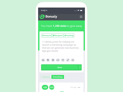 Bonusly iOS Give Box Interaction bonusly gif gif library gif preview interfacedesign ios native app product design recognition social feed user experience user experience design user interface design