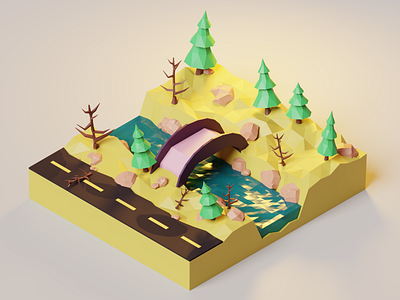 Forest river 3d 3d art 3d artist 3dblender blender blender3dart cycle forest low poly lowpoly lowpolyart river road shapes tree