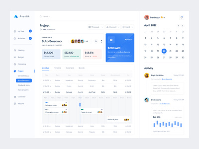 Aventik 📅 activity board calendar comment dashboard editor event manage management marketing plan project reports saas sales schedule statistic task team timeline