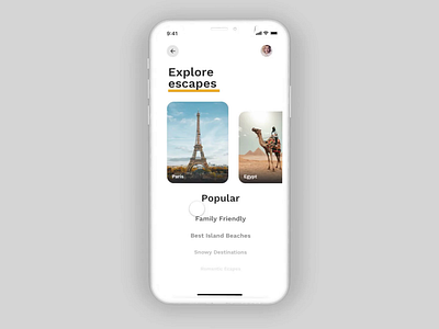 Explore escapes | Minimal Travel App Concept imagery menu card menu design menubar microinteraction selection travel travel app interaction ui animtion ui inspiration