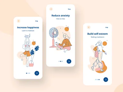 Wellness Mobile App Onboarding Screens app app design card clean design illiustration meditation minimal mobile mobile app onboarding orange product design ui user experience user inteface ux wellness