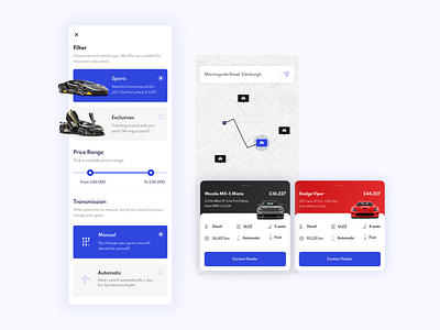 Car Dealer App - Mobile Screens app application blue buy car clean ui dealer filter filter ui map minimal mobileapp sell seller ui