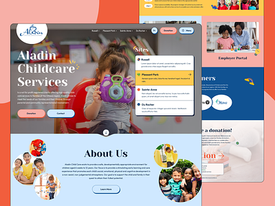 Aladin - Childcare baby blue bright case study charity child children color pallete colorful dailyui daycare desktop fun kids kindergarten pink typography ui wireframe yellow