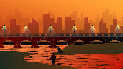 river view 2d abstract adobe artoftheday bridge color creative digitalart dog graphic graphicdesign illustration illustrator lights man orange river sketch street